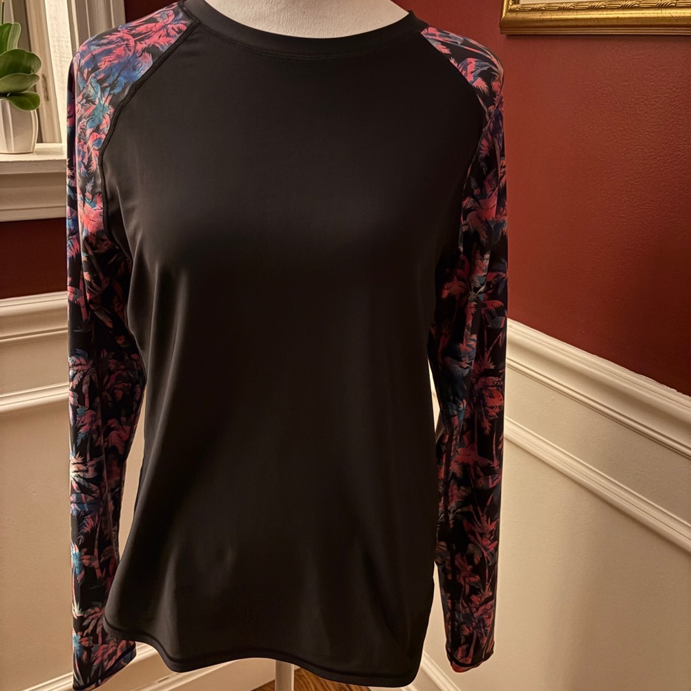 Black Long Sleeve Top with Floral Accents
